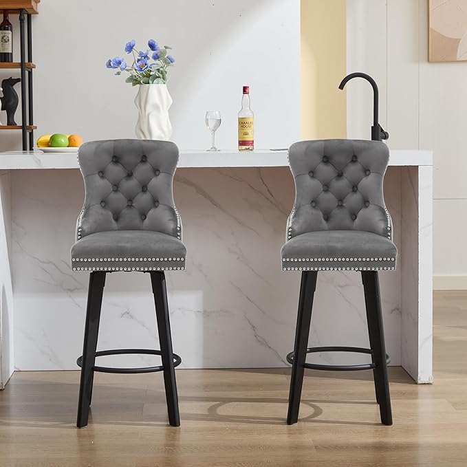 YISHENG Modern Swivel 27" H Seat Velvet Barstools with Backrest and Footrest,Button Tufted Rivet Trim Dining Room Chairs with Metal Pull Ring for Kitchen Island，Bistro, Home Bar，Gray 1PC