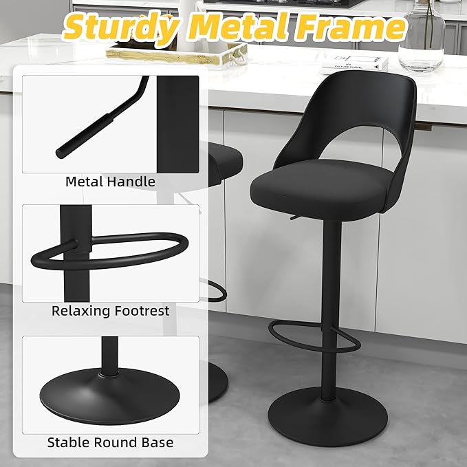 civama Bar Stools Set of 6 for Kitchen Counter, Seat Height Adjustable 25''-33'', Modern Upholstered Swivel Island Chairs with Hollow Backrest Metal Base, Black