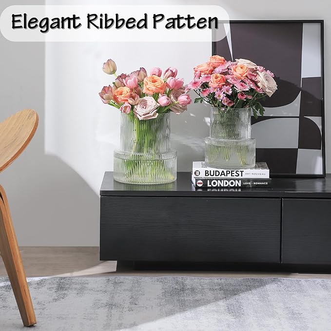 Ribbed Glass Vase, Large Glass Vase for Flowers, Fluted Glass Vases, Clear Glass Vases for Living Room, Office, Dining Table, Entryway, Mantle, Shelf, Wedding, 9 Inches