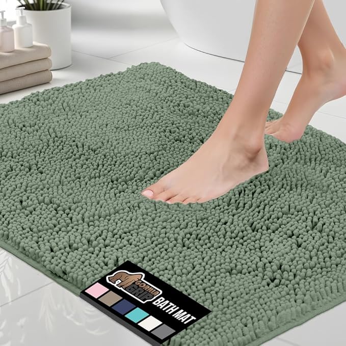 GORILLA GRIP Bath Rug Mat 30x20, Soft Absorbent Chenille, Quick Dry Microfiber Mats, Rubber Backing Washable Shower Floor Rugs, Bathmat Runner, US Designed Bathroom Home Decor Accessories Sage Green