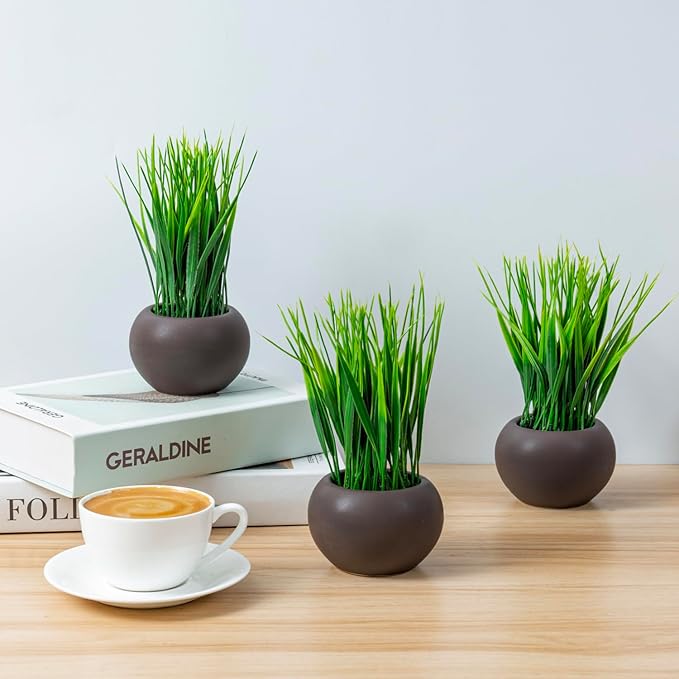 MyGift 7 Inch Tall Modern Mini Artificial Grass Plants in Small Round Brown Ceramic Pots, Decorative Tabletop Faux Greenery Indoor Home Decor, Set of 3