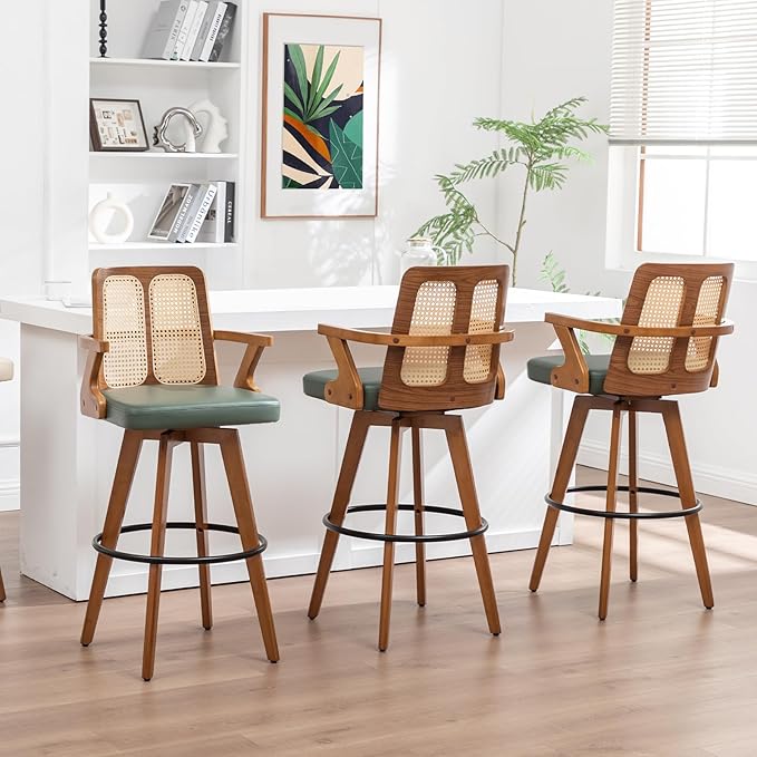 Bar Stools Set of 3 - 30 inch Swivel Rattan bar Stools with Cane Back, Curved Arms, Upholstered Seat, Adjustable Bamboo Legs, Kitchen Bar Stools for Bar/ Pub/Island/Cafe (30" Seat Height, Green)