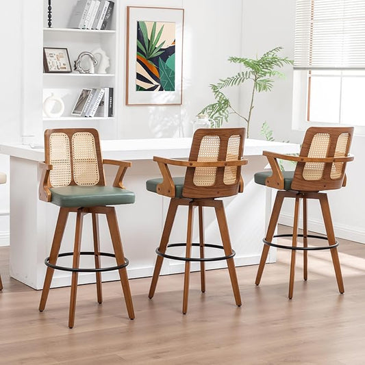 Bar Stools Set of 3 - 30 inch Swivel Rattan bar Stools with Cane Back, Curved Arms, Upholstered Seat, Adjustable Bamboo Legs, Kitchen Bar Stools for Bar/ Pub/Island/Cafe (30" Seat Height, Green)
