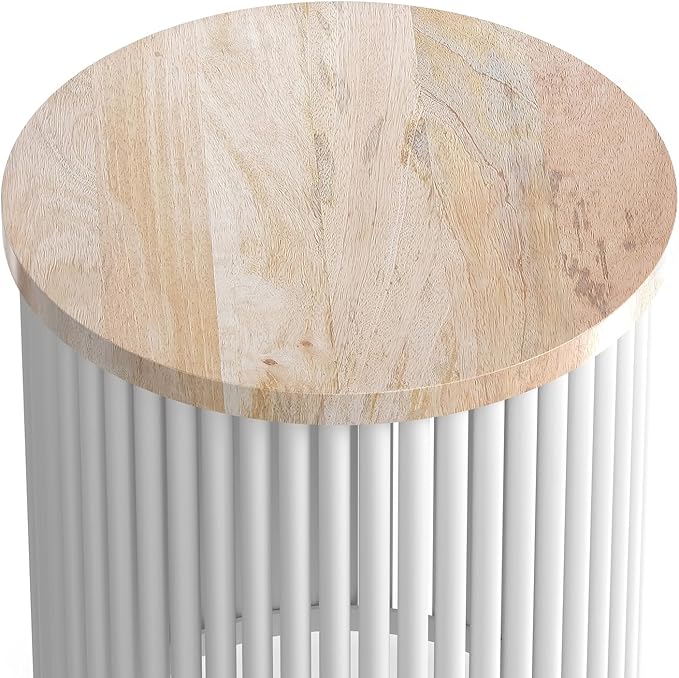 SIMPLIHOME Demy 18-inch Wide Metal and Solid Mango Accent Table in Natural/White, Round Side Table with Mango Wood Top for Living Room or Bedroom, Industrial Style, Assembled