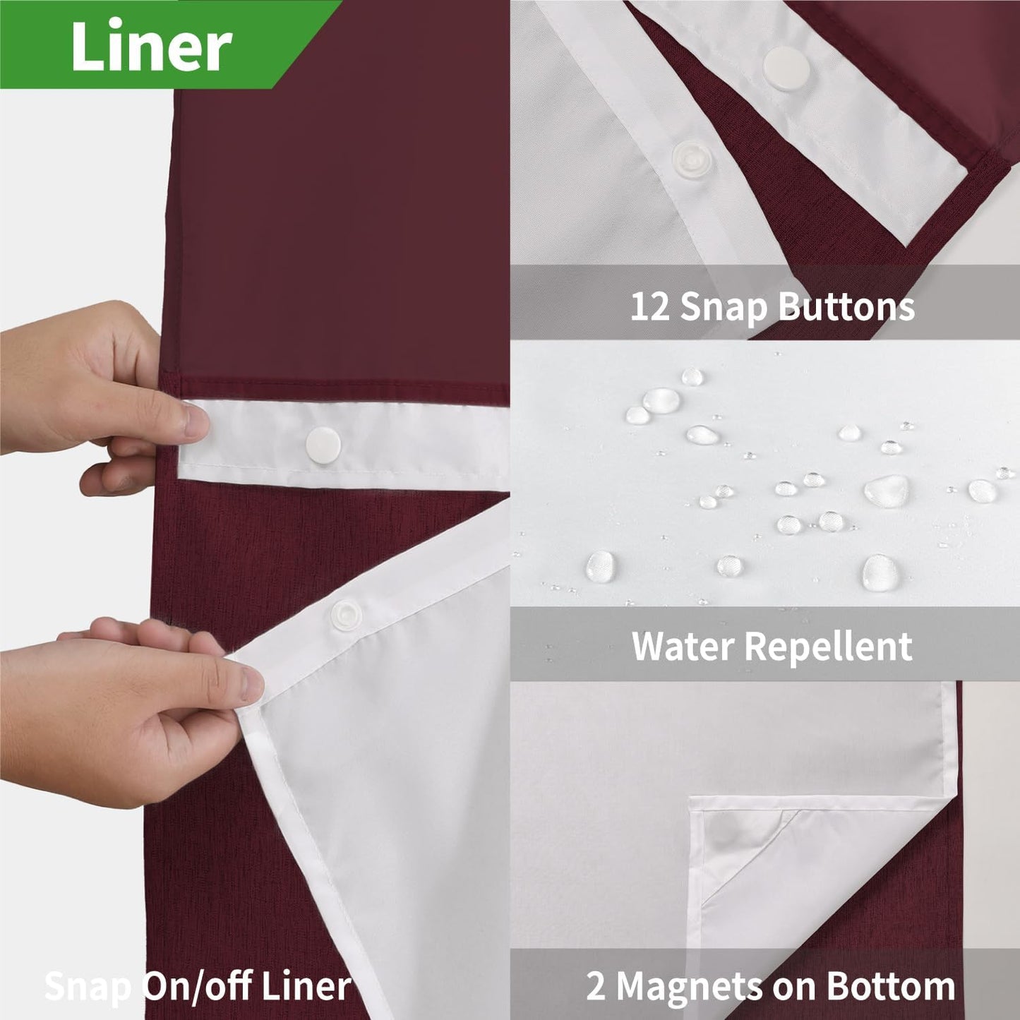 No Hooks Needed Linen Textured Shower Curtain with Snap-in Fabric Liner Set,Hotel Luxury Decor Shower Curtains for Bathroom with Mesh Top Window,Waterproof & Washable,71Wx74H,Burgundy