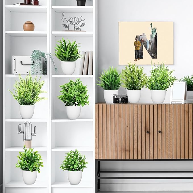 LELEE Artificial Plants Mini Fake Potted Plants, 12 pcs Small Eucalyptus Potted Faux Decorative Grass Plant with White Pot for Home Decor, Indoor, Office, Desk, Shelf, Table Decoration