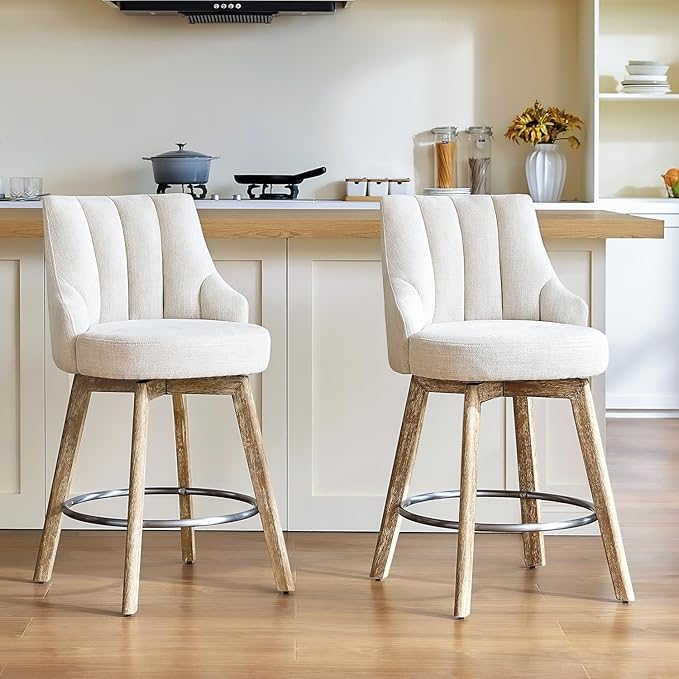 IWOOD Counter Height Bar Stools,Swivel Bar Stools with Backs,Barstools Set of 2,26'' Solid Wood Legs,Thick Seat Upholstered Linen Fabric Counter Height Stools in Beige