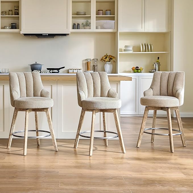 IWOOD Counter Height Bar Stools,Swivel Bar Stools with Backs,Barstools Set of 3,26'' Solid Wood Legs,Thick Seat Upholstered Linen Fabric Counter Height Stools in Sand
