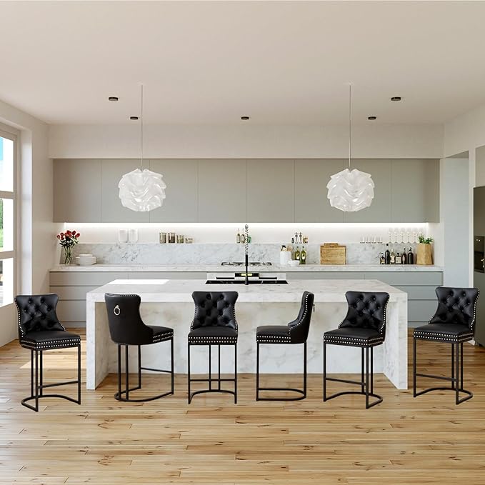 UVV Counter Height Bar Stools Set of 1, 26" Modern Barstools with Back, Faux Leather Upholstery Counter Chairs with Metal Legs for Kitchen Island, Bar, Counter, Black