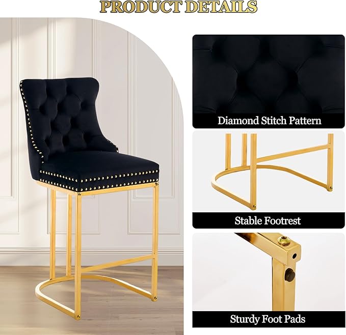 UVV Counter Height Bar Stools Set of 2, 26" Modern Barstools with Back, Velvet Upholstery Counter Chairs with Metal Legs for Kitchen Island, Bar, Counter, Black