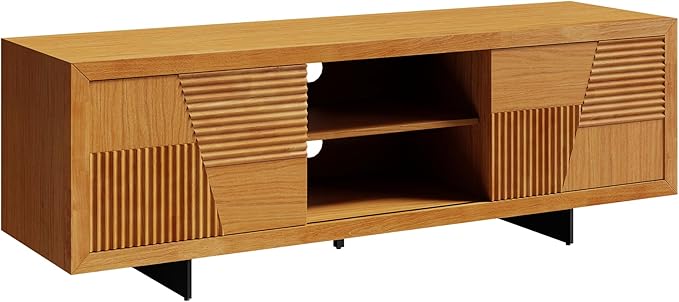 Bme Trapeze TV Stand for Living Room – Wooden Media Console with Storage, Metal Legs, Large Teak Brown TV Stand for Stylish Home Entertainment Setup