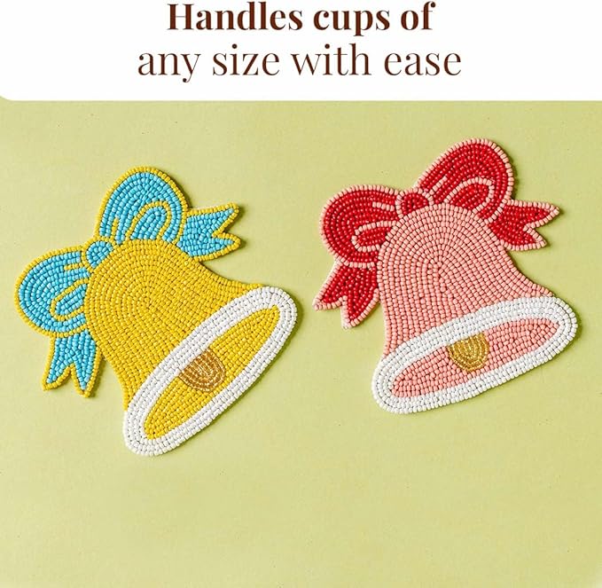 Folkulture Coasters Set of 4 | (4") Round Coaster for Coffee Table | Holiday Coasters for Christmas Décor | Coaster for Coffee Table for Cute Boho Gifts for Women | (Merry Bell)