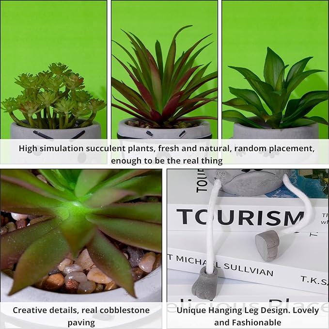 Set of 3 Artificial Succulents Potted Plants Faux Succulents Desk Decoration Fake Mini Plants in Grey Pots Faux Plants Kitchen Shelf Desk Decor Small Bathroom Decor for Shelves