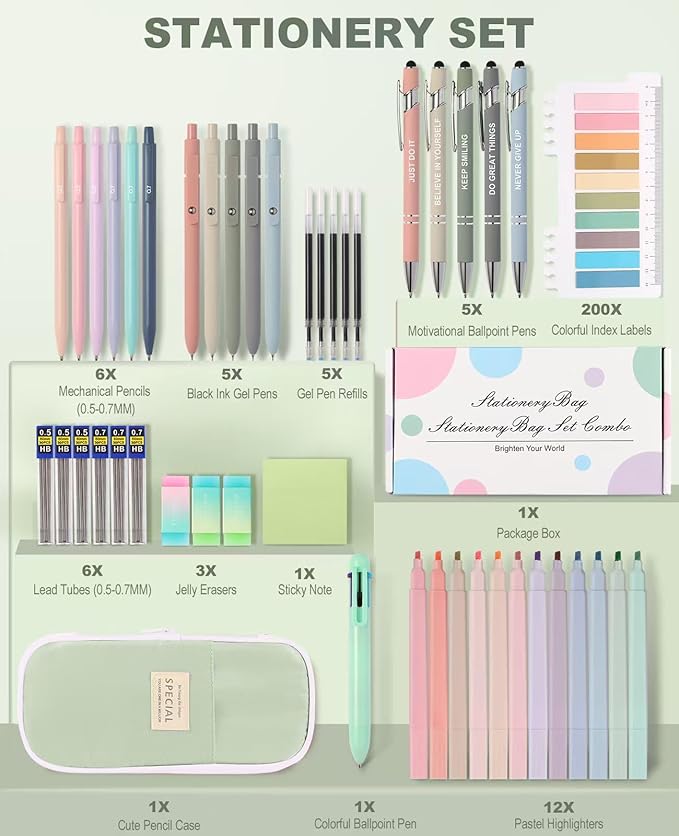 56 PCS Aesthetic School Supplies with Large Pencil Case, 5 Inspirational Ballpoint Pens, 12 Pastel Highlighters, 5 Black Ink Gel Pens, 6 Mechanical Pencils 0.5-0.7mm Student Essentials (Green)