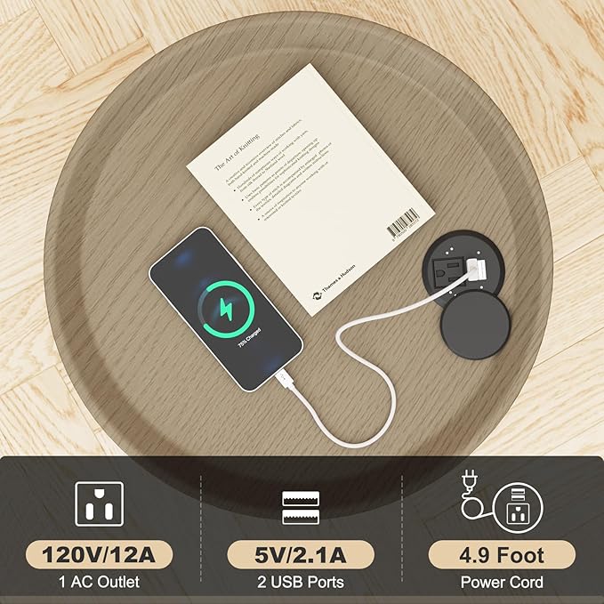 Gadroad Round End Table with Charging Station, USB Ports, Wood Tabletop & Black Metal Frame, 2-Tier Side Table for Living Room, Bedroom, Walnut Color 15.7 * 15.7 * 23.0inches