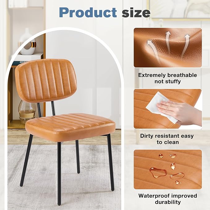 DUMOS Dining Chairs Set of 4, Upholstered Mid-Century PU Leather Accent Chair with Backrest and Metal Legs for Kitchen, Living Room, Brown