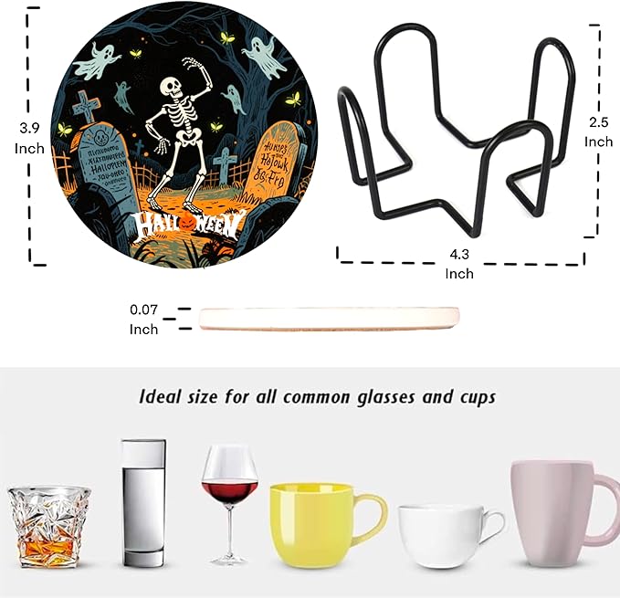 Ultimate Horror Halloween Coasters Set of 6 with Holder - Matte Ceramic Drink & Wall Art Decor, Spooky Home Office Party Gift | Skull Spider Ghost Decorations