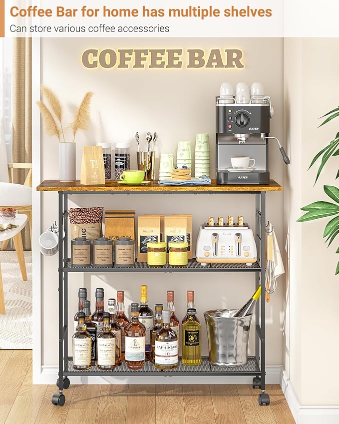 Kitchen Island with 3 Shelves, Rolling Kitchen Cart with 6 Hooks and Protective Shelf, Microwave Stand on Lockable Wheels, Bakers Rack Coffee Bar for Dining, Living Room, Outdoor, Metal Frame