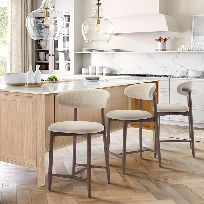 COLAMY Counter Height Bar Stools Set of 3, Upholstered Barstools with Back, Mid Century Modern Stools with Wood Legs for Kitchen Island Dining Room, Beige