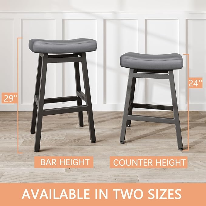 29 Inches Bar Stools Set of 2, Bar Height Barstools for Home Counter, Blackless Barstool with Bonded Leather Saddle Seats & Heavy Duty Metal Legs, Easy Assembly, All Black