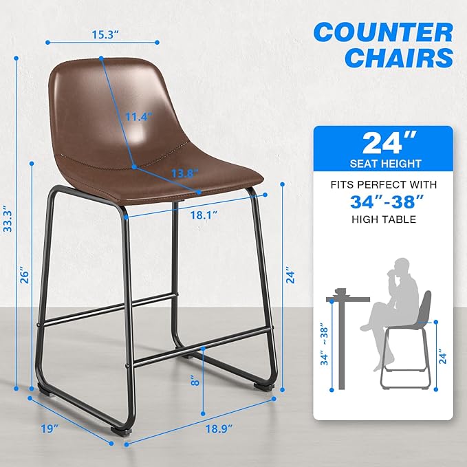 Rfiver Pu Faux Leather Bar Stools Set of 4, Industrial Pub Barstools with Back and Footrest, Modern Armless Bar Height Stool Chairs (Brown, 24" Counter Chair x4)