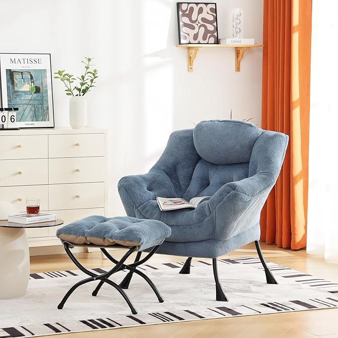 Cozy Lazy Chair and Ottoman, Large Contemporary Accent Lounge Chair Set, Leisure Upholstered Reading Armchair for Bedroom, Living Room, Dorm Rooms, Office