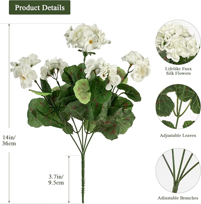 Plastic Flowers for Outdoors Home Decor Fake Plants Artificial Flowers Artificial Geraniums Outdoor Fake Flowers Silk Bouquet, Fall Decor for Interior Porch Garden Decor 14.4" (White) 8PCS
