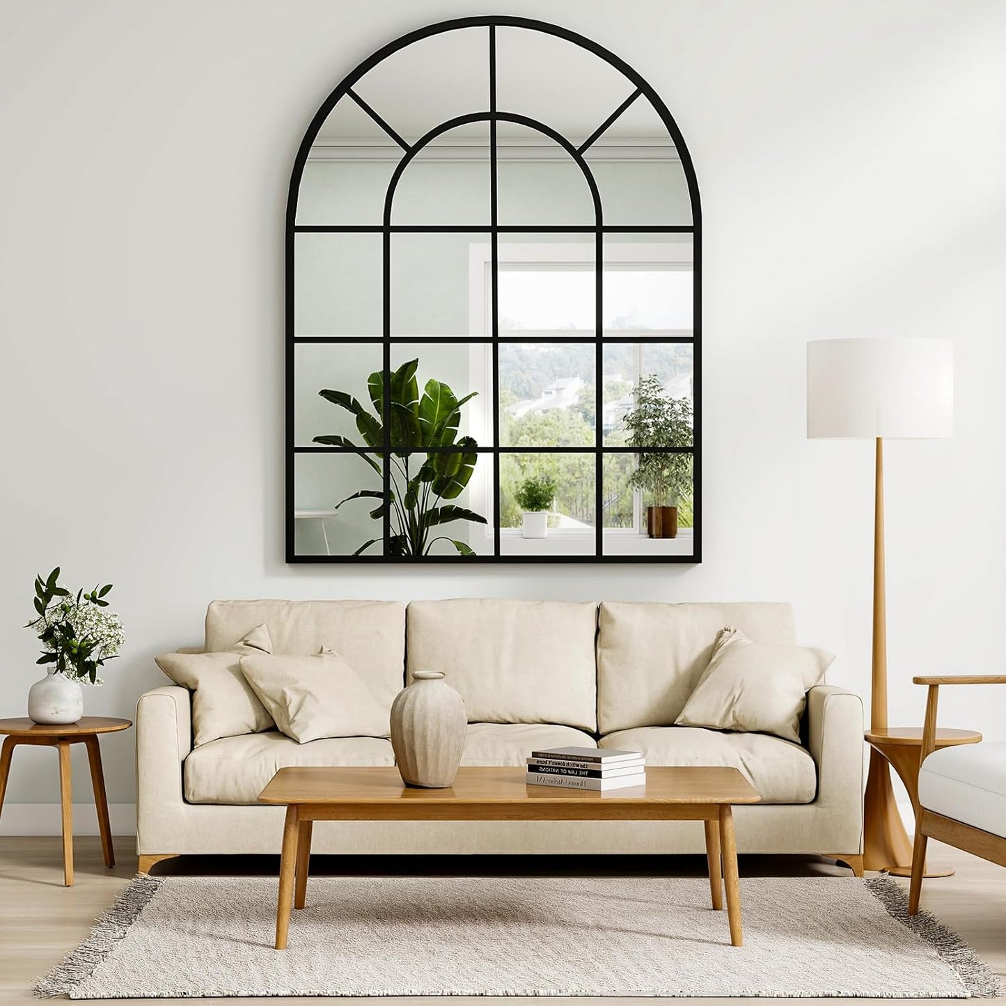 30"×40" Windowpane Arched Wall Mirror, Grid-Designed Decorative Farmehouse Wall Mounted Mirror with Metal Frame Hanging Leaning for Entryway, Living Room, Home Decor, Black