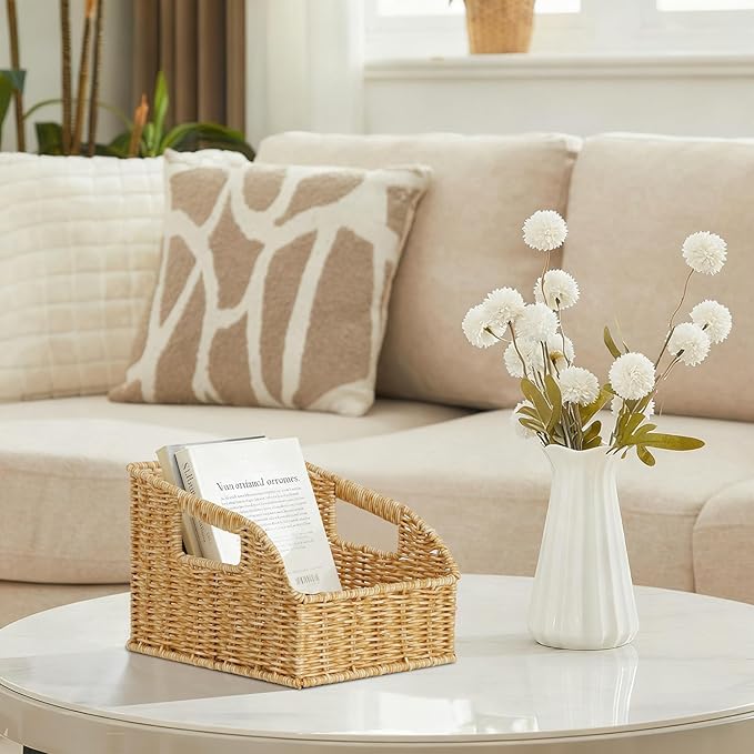 Wicker Baskets for Organizing,Pantry, Kitchen Counter with Handles, Handwoven Woven Storage Baskets for Fruit, Bread, Vegetable, Waterproof Plastic Storage Bins for Shelves, 3 Pack, Natural