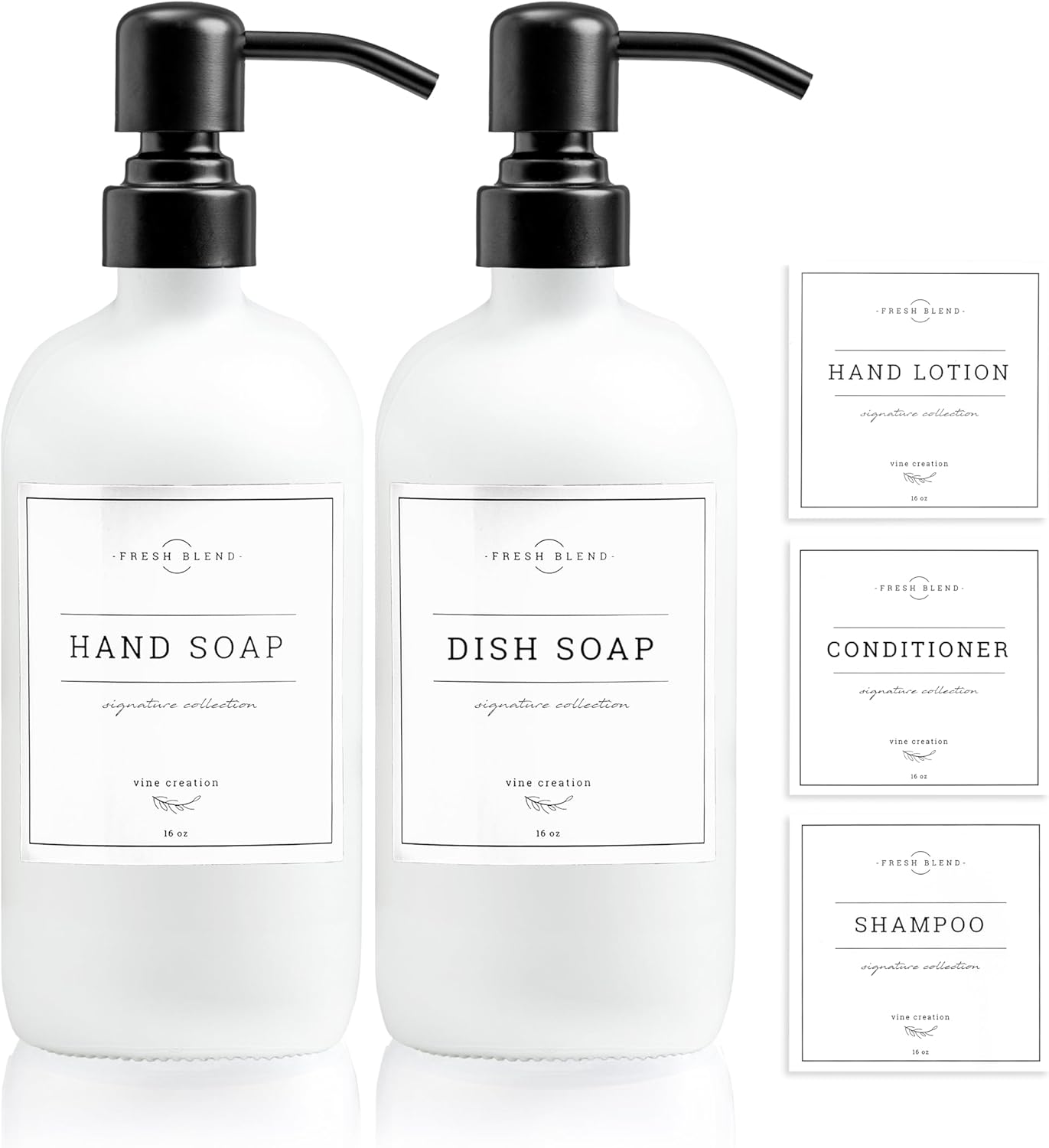 Vine Creations White Glass Soap Dispenser, 2 Pack Kitchen Soap Dispenser Set with Stainless Steel Pump, 16 oz Dish Soap and Hand Soap Dispensers for Bathroom with Waterproof Labels