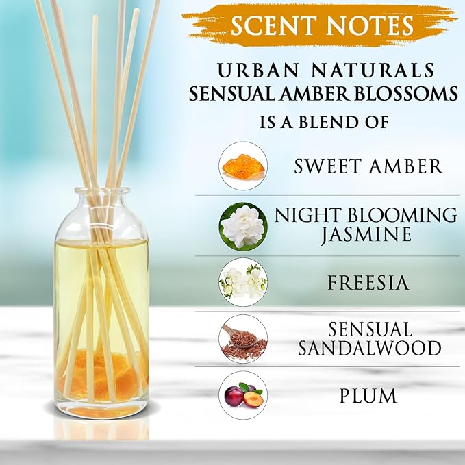 Urban Naturals Sensual Amber Blossoms Reed Diffuser Set | Made with Essential Oils & Real Botanicals | Sweet Amber, Night Blooming Jasmine, Sandalwood, Bergamot, Vanilla & Musk | Made in The USA