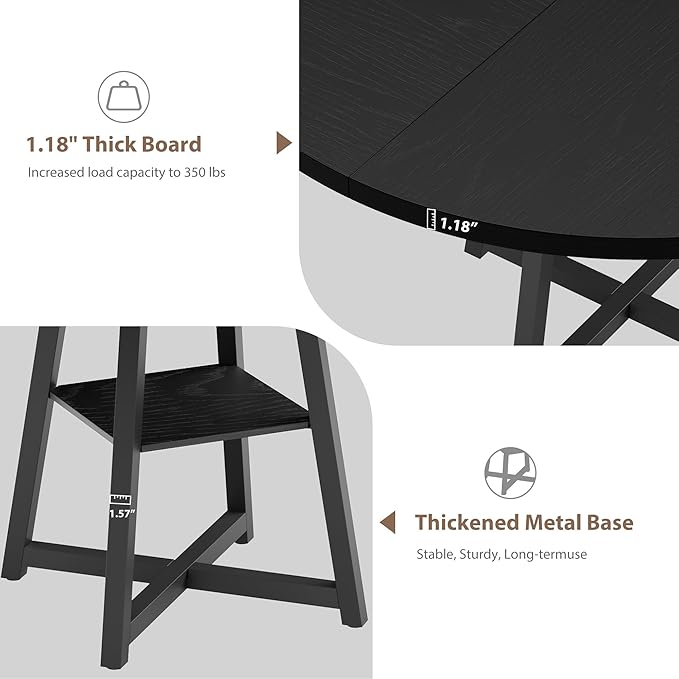 GAOMON Industrial Round Dining Table, 47 Inch Round Kitchen Table for 4, Dinner Table with Wooden Top and Metal Base for Dining Room, Living Room (Black, 47.2 in w/Storage)