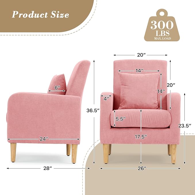 Athena Collection Modern Accent Chair with Cushion, Comfy Upholstered Fabric Reading Chair for Adult, Soft Sofa Armchair for Living Room, Bedroom, Dorm, Pink