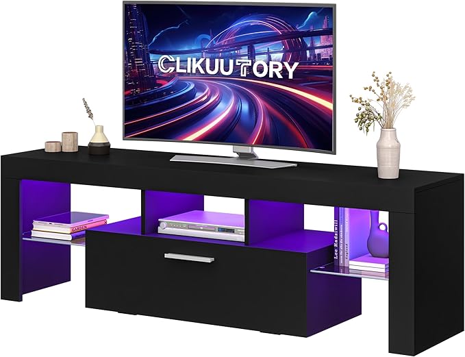Clikuutory Modern Lighting 51 inch TV Stand with Large Storage Drawer for 32 40 50 55 Inch TVs, TV Console with 20 Color LED Lights, Entertainment Center Media and Open Shelf for Bedroom, Black