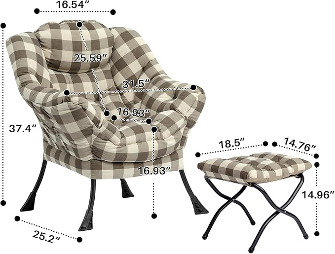 HollyHOME Fabric Lazy Chair with Foldable Ottoman, Accent Lounge Arm Chair and Folding Footrest Stool Set, Leisure Sofa Reading Chair and Footstool for Living Room, Bedroom, Dorm, Beige&Coffee Grid