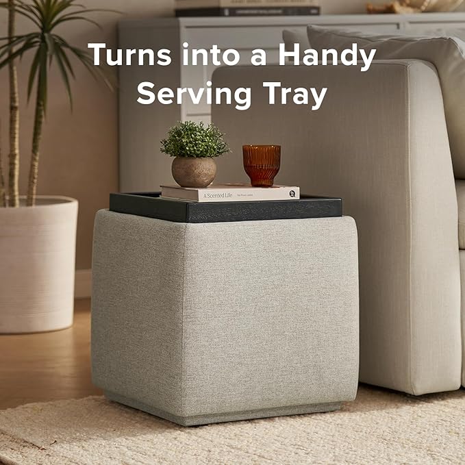 mopio Levi Storage Ottoman with Reversible Tray, Modern Square Chest Coffee Table, Upholstered Cube Sitting Foot Stools Ottoman for Living Room, Bedroom, Entryway (Fabric, Light Gray)