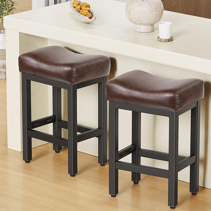 Counter Height Bar Stools Set of 2, 24 Inch Barstools for Kitchen Island Counter, Bonded Leather Kitchen Stools with Thick Saddle Seats & Heavy Duty Metal Base, Easy Assembly, Brown/Black
