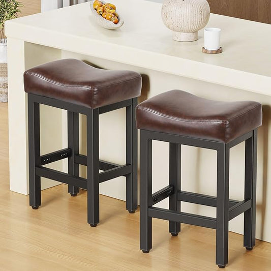 Counter Height Bar Stools Set of 2, 24 Inch Barstools for Kitchen Island Counter, Bonded Leather Kitchen Stools with Thick Saddle Seats & Heavy Duty Metal Base, Easy Assembly, Brown/Black