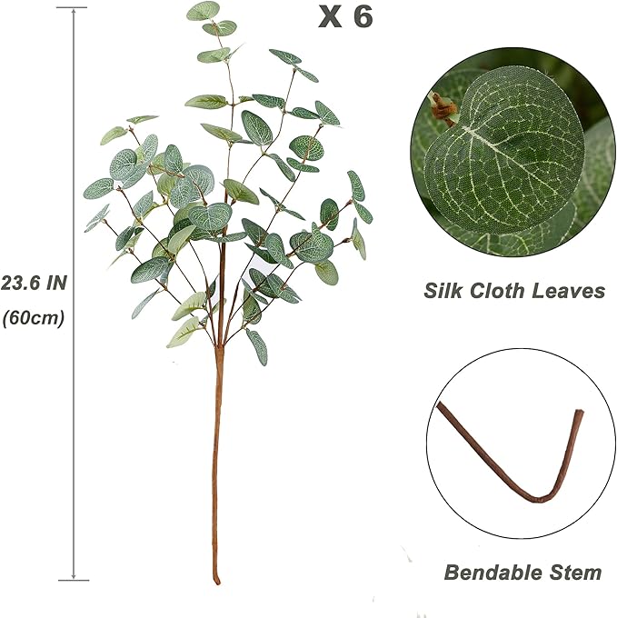 6 Bunches Artificial Eucalyptus Stems 24" Faux Eucalyptus Leaves Branches Silk Fake Green Foliage Artificial Plants Greenery for Flower Arrangement Home Wedding Party Decoration