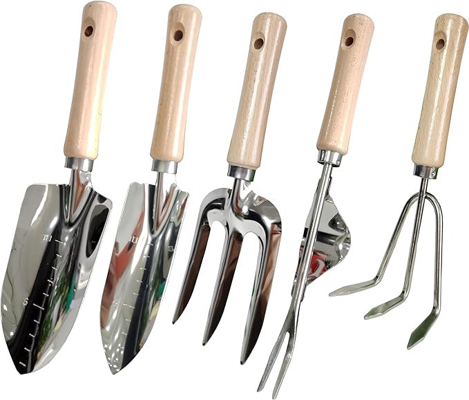 Garden Tools Set, 5 Piece Stainless Steel Hand Tool Kit with Ergonomic Wooden Handle, Heavy Duty Gardening Tools Include Hand Trowel, Transplant Trowel, Hand Rake, Hand Fork and Weeder