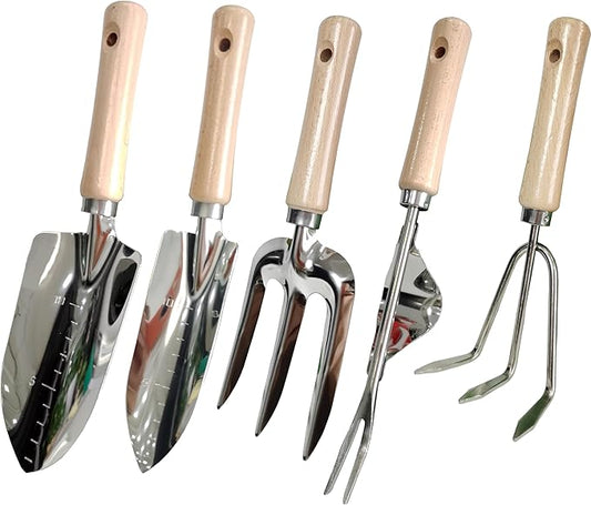 Garden Tools Set, 5 Piece Stainless Steel Hand Tool Kit with Ergonomic Wooden Handle, Heavy Duty Gardening Tools Include Hand Trowel, Transplant Trowel, Hand Rake, Hand Fork and Weeder
