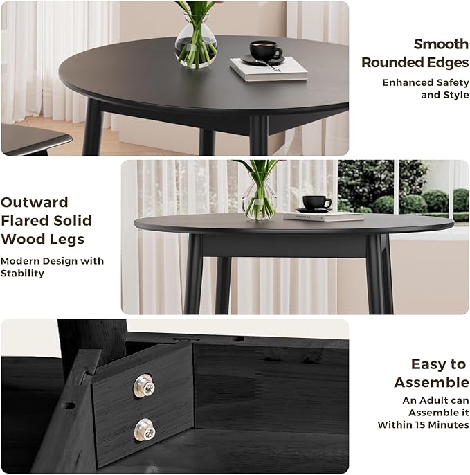 DELAVIN 31.5" Solid Wood Round Dining Table for 4, Mid Century Small Kitchen Table for 2-4, Modern Office Table for Living Room, Dining Room, Dinette, Easy Assembly, Space Saving, Black