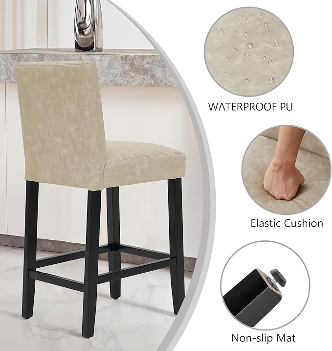 26'' Faux Leather Bar Stools Set of 4, Modern Upholstered Bar Height Bar Chairs, Soild Wood Legs Barstools with Back, Beige