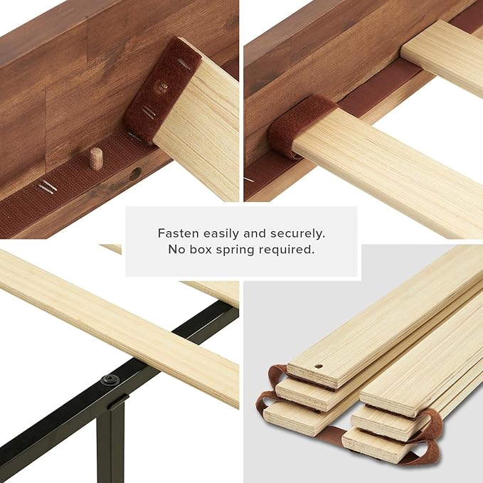 mopio Ted Bed Frame with Headboard, Mid Century Modern Acacia Solid Wood Platform Bed Frame, Wooden Slats, No Box Spring, Double Metal Bar Support (Solid Wood Slatted, Queen (U.S. Standard))