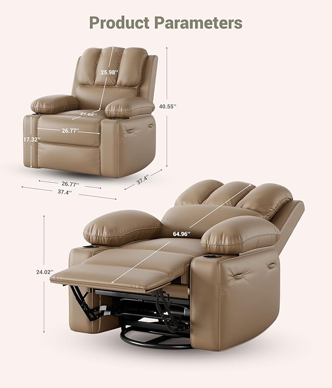 27" Oversized Power Recliner Chair, Faux Leather Rocking Chair with Heat & Massage, 360° Swivel Modern Electric Recliner with Cup Holder ＆ USB Charging for Living Room, Bedroom, Nursery - Khaki