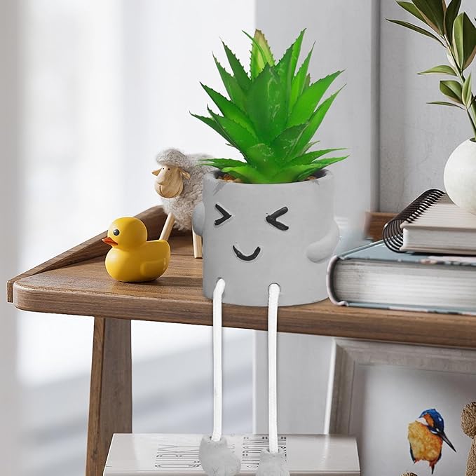 Set of 3 Artificial Succulent Plants, Fake Plant Office Decor with Gray Flower Pots, Small Faux Plants Indoor Mini Potted Succulents for Desk Shelf Bathroom Home Decor