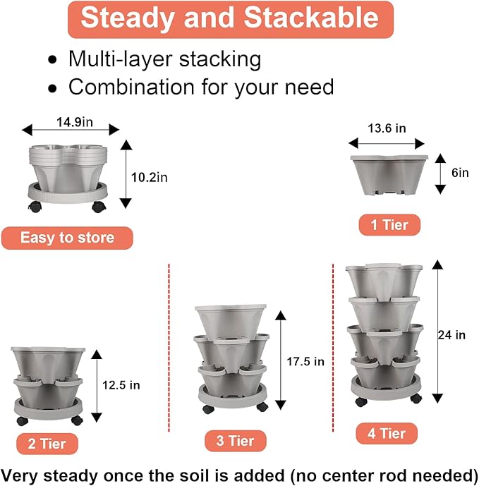 Vertical Planter 4 Tier Stackable Planters Garden Planters Strawberry Herb Flower and Vegetable Planter Indoor Outdoor Gardening Pots with Removable Wheels and Tools 2-Pack