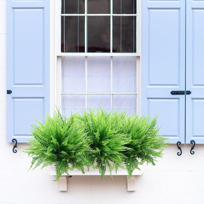 summer flower 10 Pack Fake Plants Boston Fern Artificial Greenery Plant Branches UV Resistant Faux Ferns for Outdoor Garden Wall Hanging Planter Front Porch Party Decor Home Bathroom Decorations