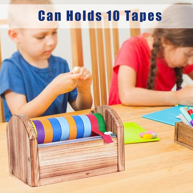 Wooden Masking Tape Dispenser for Kids - Colored Masking & Washi Tape Holder with Sliding Cutter, Multi Roll Craft Tape Dispenser Organizer for Children Gift Wrapping (Slide Cutter)