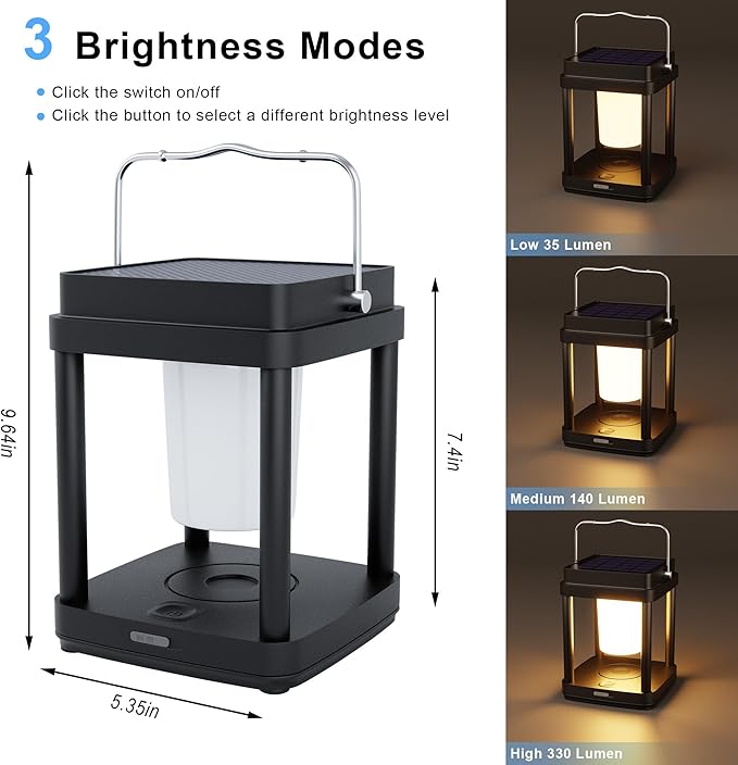 Solar Lantern Outdoor Table Lamp, Touch Control Outdoor Cordless Lantern, Solar Lanterns Waterproof Rechargeable Lanterns for Reading, Walking, Camping